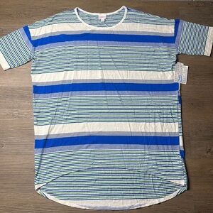 LuLaRoe Women’s Blue Green White Striped Oversized Irma Short Sleeve Tee, sz XL